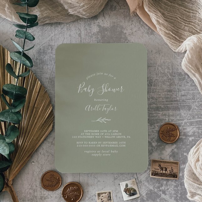 Invitation Feuille minimale | Baby shower vert Sage (Créateur téléchargé)