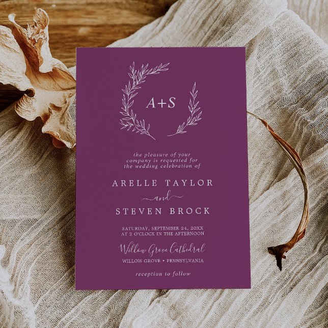 Invitation Feuille minimale | Berry Formal Monogram Mariage (Créateur téléchargé)