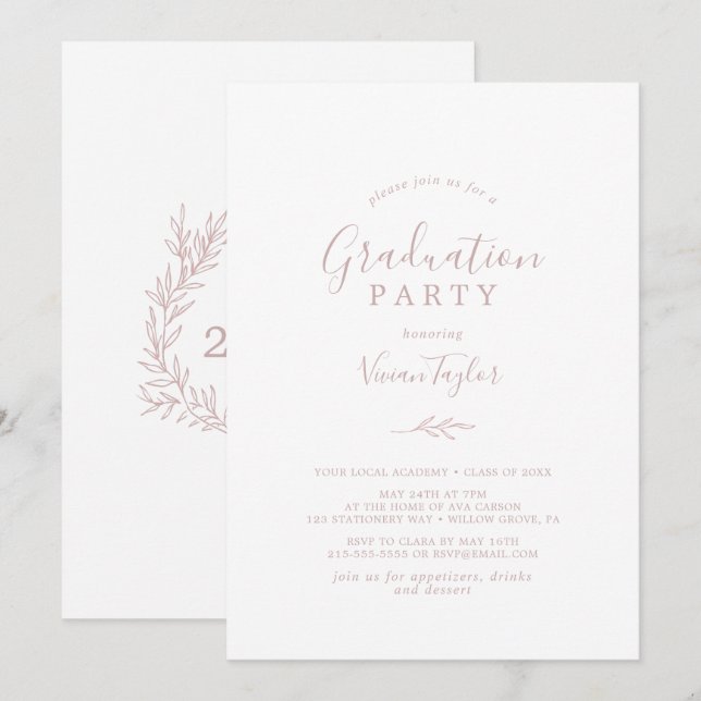 Invitation Feuille minimale | Blush Pink Graduation Party (Devant / Derrière)