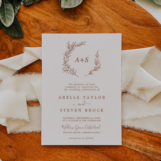 Invitation Feuille minimale | Boho Cream Mariage de monogramm (Créateur téléchargé)