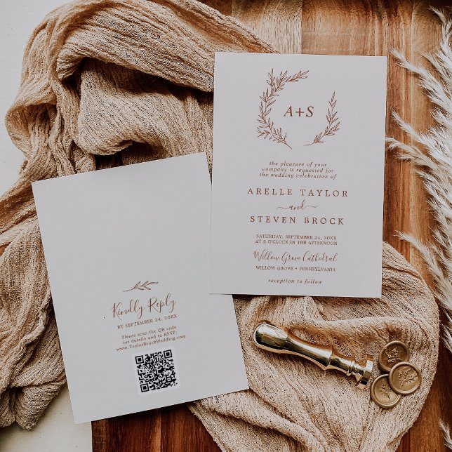 Invitation Feuille minimale | Boho Cream Monogram QR Code Mar (Créateur téléchargé)