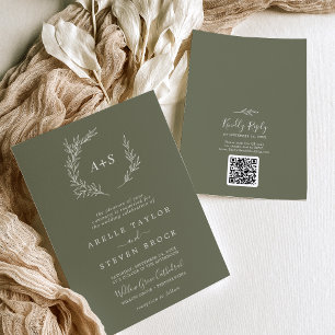 Invitation Feuille minimale Dark Green Monogram QR Code Mar
