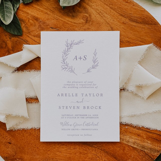 Invitation Feuille minimale | Dusty Purple Monogram Mariage (Créateur téléchargé)
