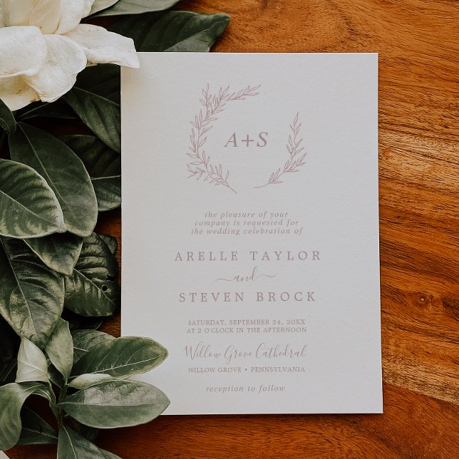 Invitation Feuille minimale | Dusty Rose Mariage de monogramm (Créateur téléchargé)