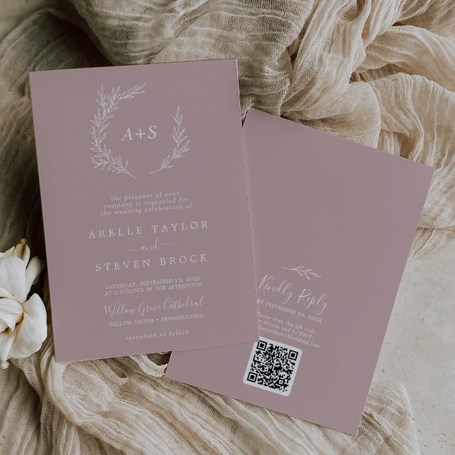 Invitation Feuille minimale | Dusty Rose Monogram QR Code Mar (Créateur téléchargé)