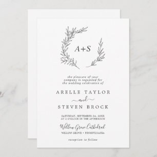 Invitation Feuille minimale Gris foncé Tout en un Mariage