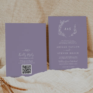 Invitation Feuille minimale   Lavender Monogram QR Code Maria