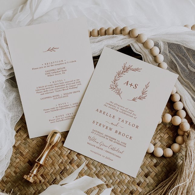 Invitation Feuille minimale | Mariage bohème crème tout-en-un (Minimal Leaf | Boho Cream All In One Wedding Invitation)