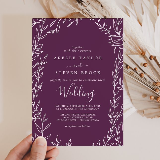 Invitation Feuille minimale | Mariage d'aubergine foncée (Créateur téléchargé)