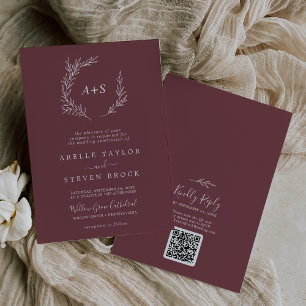 Invitation Feuille minimale Mariage de code QR du monogramm