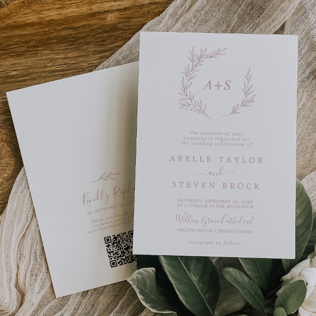 Invitation Feuille minimale | Mariage de code QR du monogramm (Créateur téléchargé)
