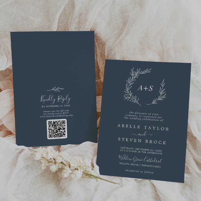 Invitation Feuille minimale | Mariage de code QR du Monogramm (Créateur téléchargé)