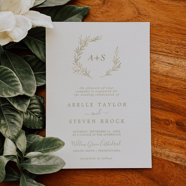 Invitation Feuille minimale | Mariage de monogramme Formel Or (Créateur téléchargé)