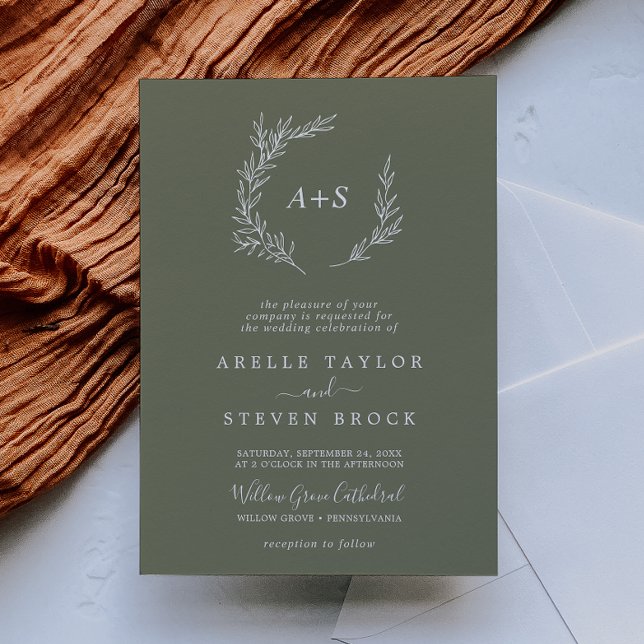 Invitation Feuille minimale | Mariage de monogramme officiel  (Créateur téléchargé)