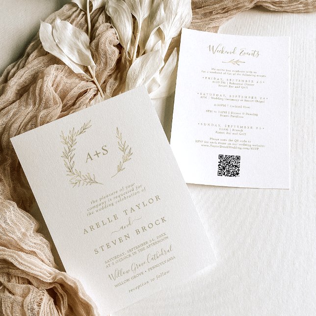 Invitation Feuille minimale | Mariage Gold Weekend Events (Créateur téléchargé)