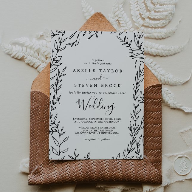 Invitation Feuille minimale | Mariage noir et blanc (Créateur téléchargé)