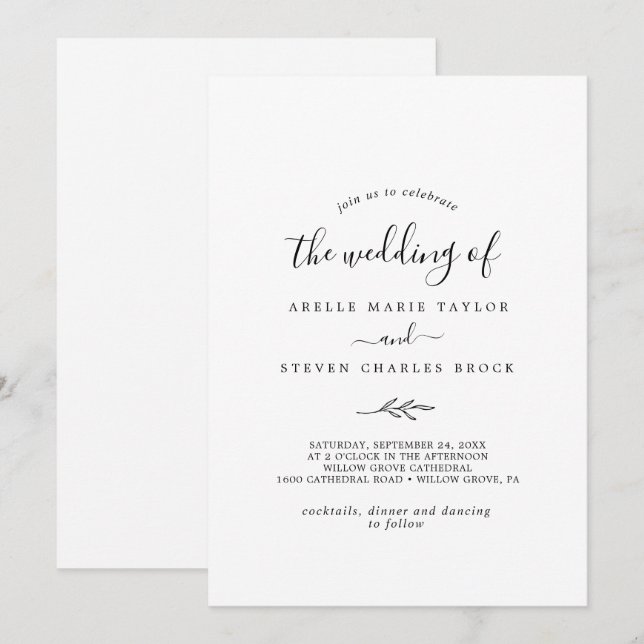 Invitation Feuille minimale | Mariage noir et blanc (Devant / Derrière)