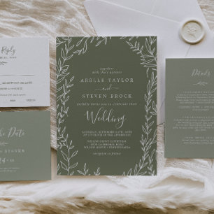 Invitation Feuille minimale   Mariage vert foncé