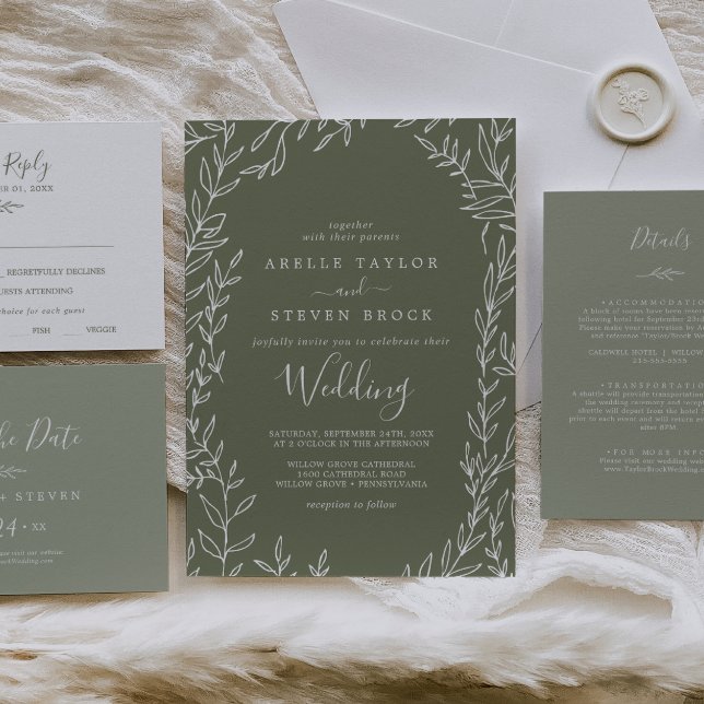 Invitation Feuille minimale | Mariage vert foncé (Créateur téléchargé)