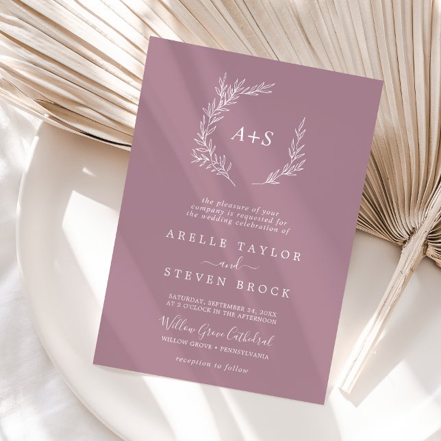 Invitation Feuille minimale | Mauve Mariage de monogramme off (Créateur téléchargé)