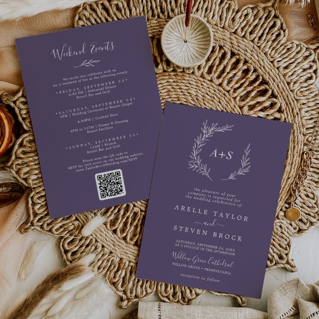 Invitation Feuille minimale | Plum Purple Weend Events Mariag (Créateur téléchargé)