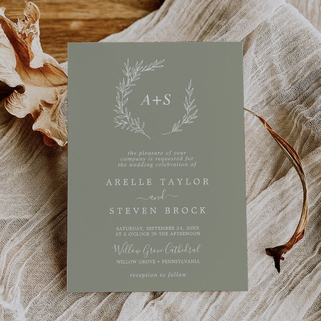Invitation Feuille minimale | Sage Green Mariage de monogramm (Créateur téléchargé)