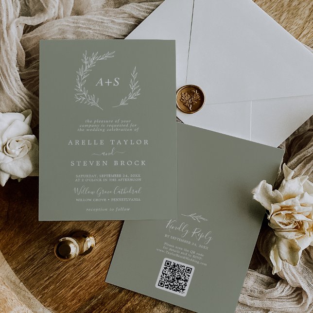 Invitation Feuille minimale | Sage Green Monogramme QR Code M (Créateur téléchargé)