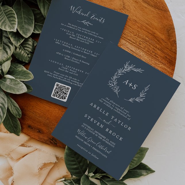 Invitation Feuille minimale | Slate Blue Weekend Events Maria (Créateur téléchargé)