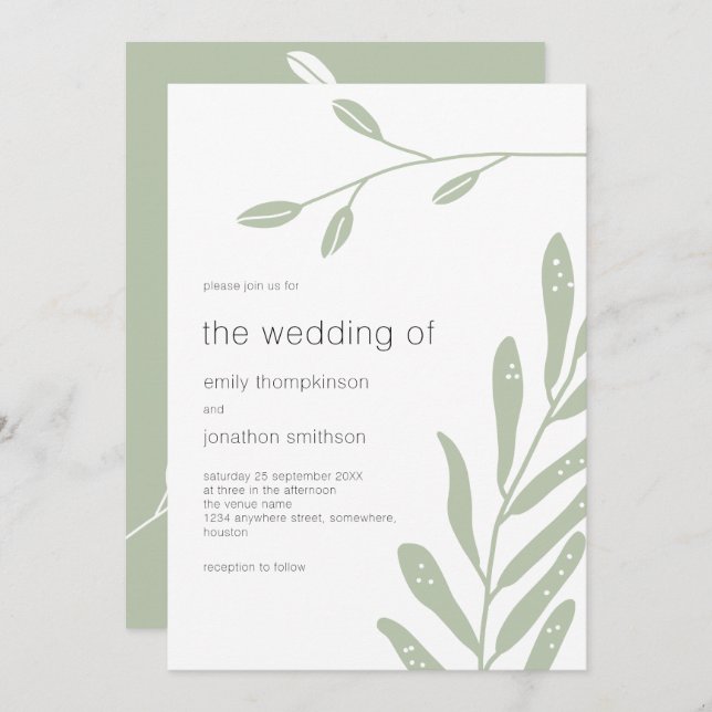 Invitation Feuille minimaliste Sage Vert Mariage (Devant / Derrière)