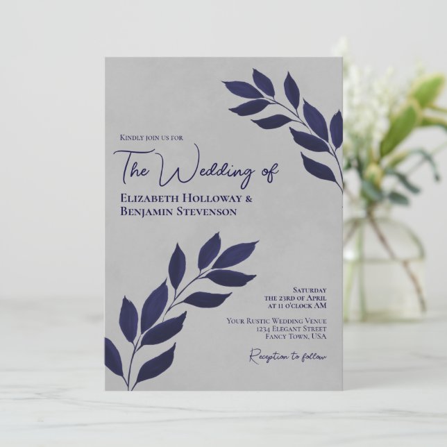Invitation Feuille moderne élégant marine et Mariage gris (Debout devant)