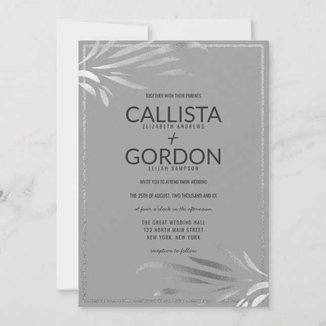 Invitation Feuille moderne Silver Grey Parties scintillant Ma (Devant)