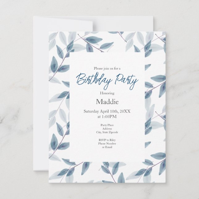 Invitation Feuille Motif Aquarelle bleu ardoise (Devant)