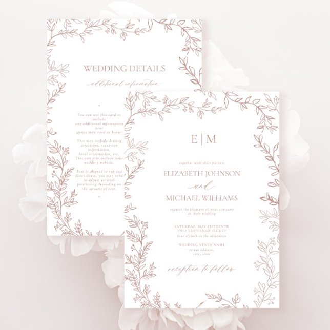 Invitation Feuille Poussiéreux Rose Élégant Monogramme Détail (Créateur téléchargé)
