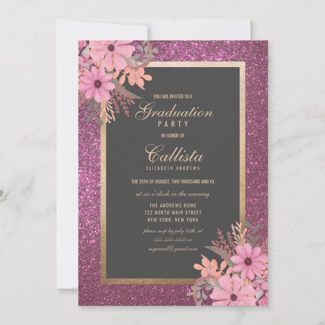 Invitation Feuille rose aquarelle Parties scintillant graduat (Devant)