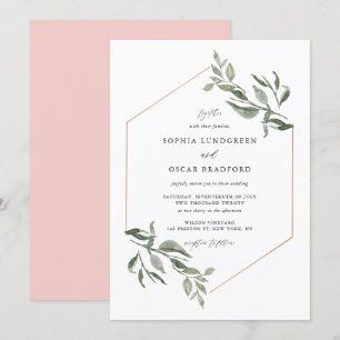 Invitation Feuille  Rose  or Mariage de trame aquarelle