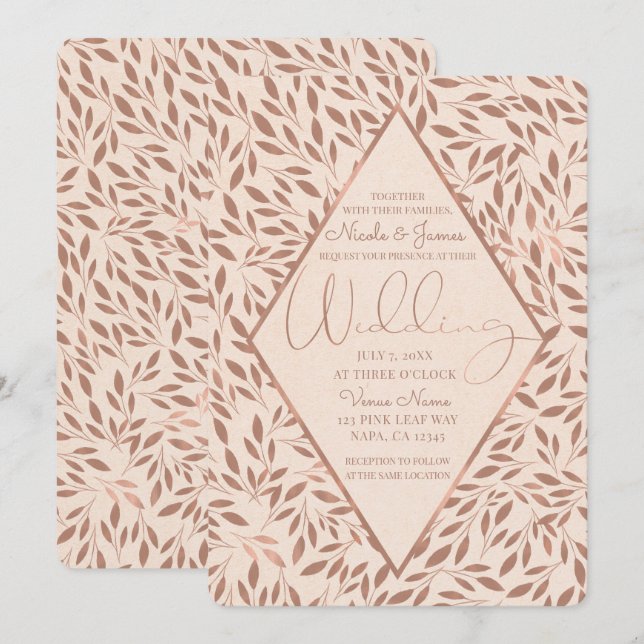 Invitation Feuille rose Rustique Mariage de verre botanique (Devant / Derrière)