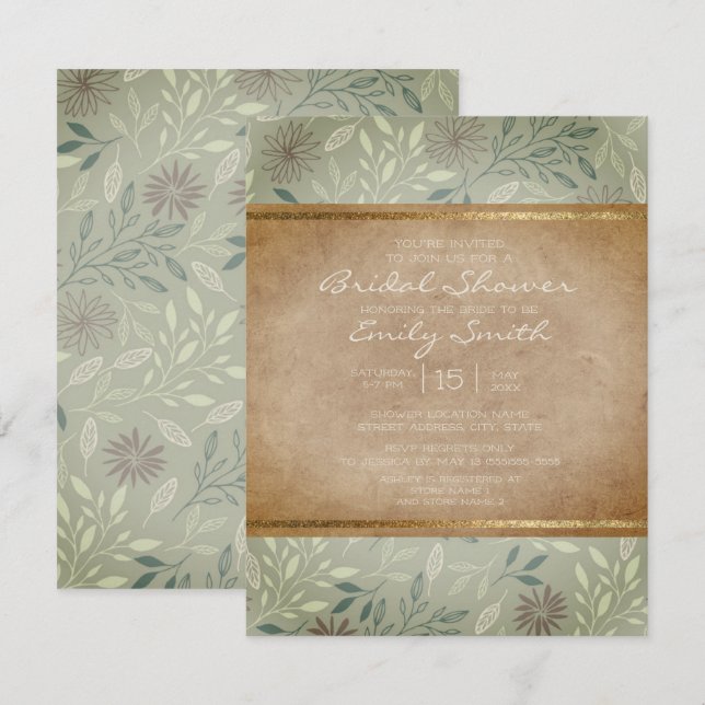 Invitation Feuille Rustique  Floral Fête des mariées or (Devant / Derrière)