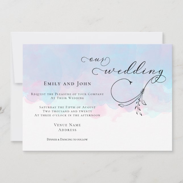 Invitation Feuille Script bleu rose Lilac Aquarelles Mariage (Devant)
