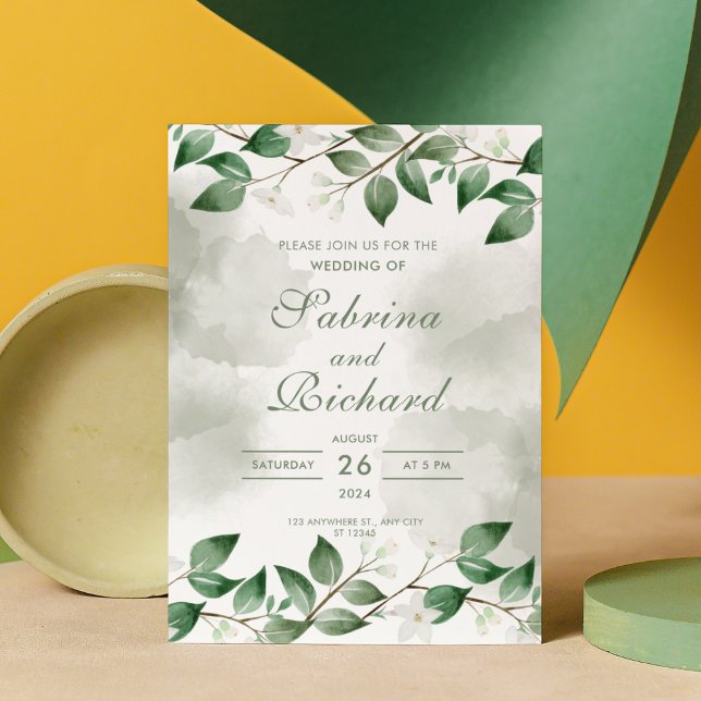 Invitation Feuille simple et moderne Mariage d'aquarelle vert (Créateur téléchargé)