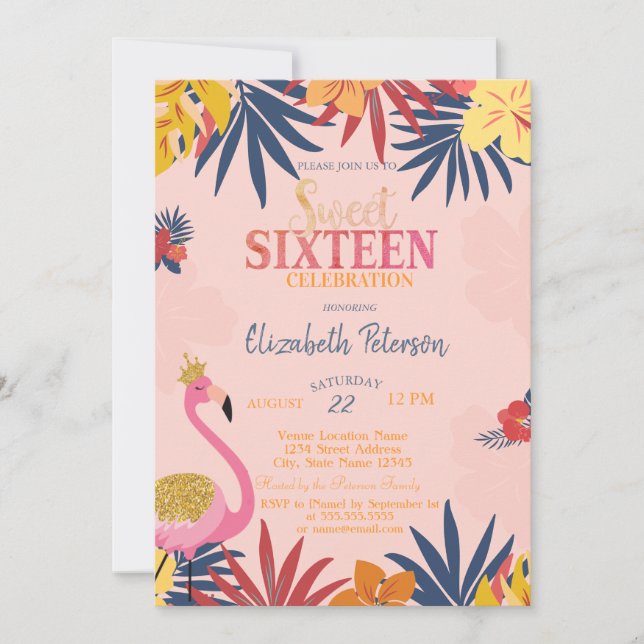 Invitation Feuille tropical Hibiscus Flamants roses doux 16 (Devant)