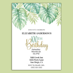 Invitation Feuille Tropicale Aquarelle 100e Anniversaire