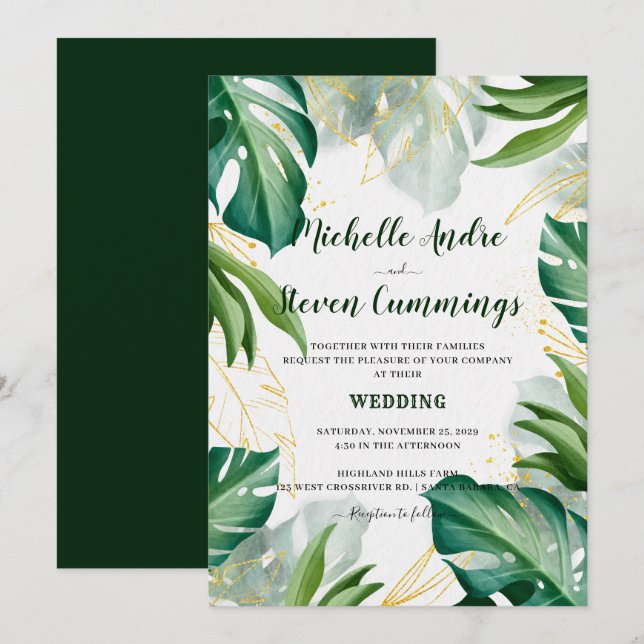 Invitation Feuille vert et doré Mariage tropical moderne en (Devant / Derrière)