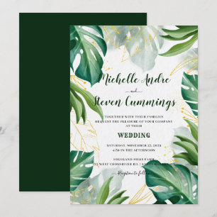 Invitation Feuille vert et doré Mariage tropical moderne en