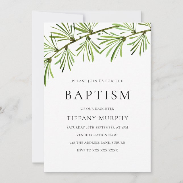 Invitation Feuille verte Baptême moderne Christening garçon o (Devant)