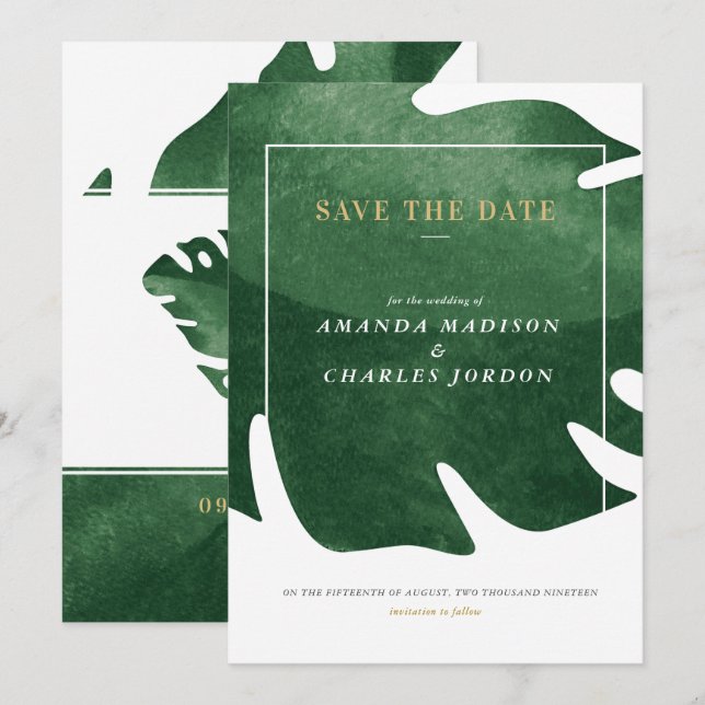 Invitation Feuille verte tropicale Sauvegarder la date (Devant / Derrière)