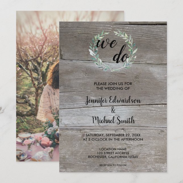 Invitation Feuilles aquarelle sur bois Nous faisons Mariage p (Devant / Derrière)
