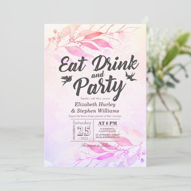 Invitation Feuilles aquarelles violettes Manger Boire & Fête  (Debout devant)