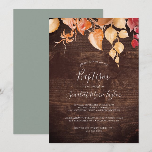 Invitation Feuilles automnales | Baptême de bois Brown rustiq (Devant / Derrière)