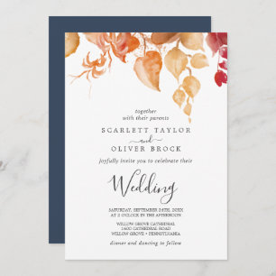 Invitation Feuilles automnales Mariage blanc et bourguignon