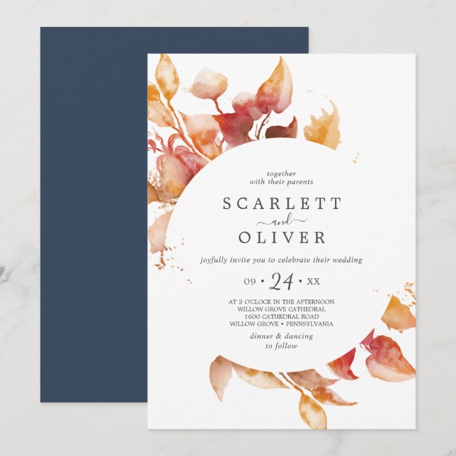 Invitation Feuilles automnales | Mariage Décontracté blanc et (Devant / Derrière)